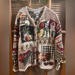 Colorful Knit Cardigan with Fruit and Floral Patterns